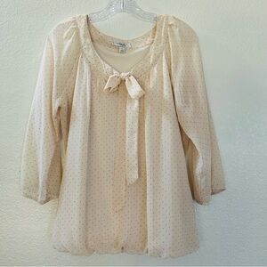 Dress barn  Chic Polka Dot Cream Top Tie Front Neckline 3/4  Sheer Sleeves Sz L